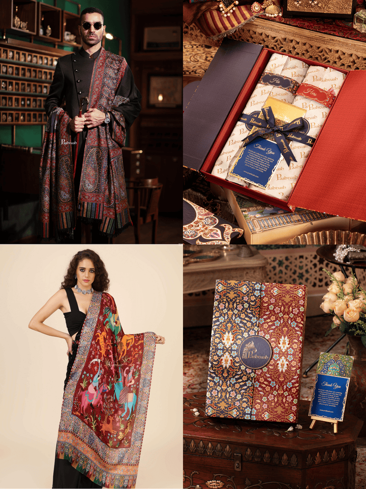 Pashtush India Gift Pack Pashtush His And Her Set Of Mens Fine Wool Shawl and Womens Bamboo Stole, Premium Gift Box Packaging, Black and Multicolour