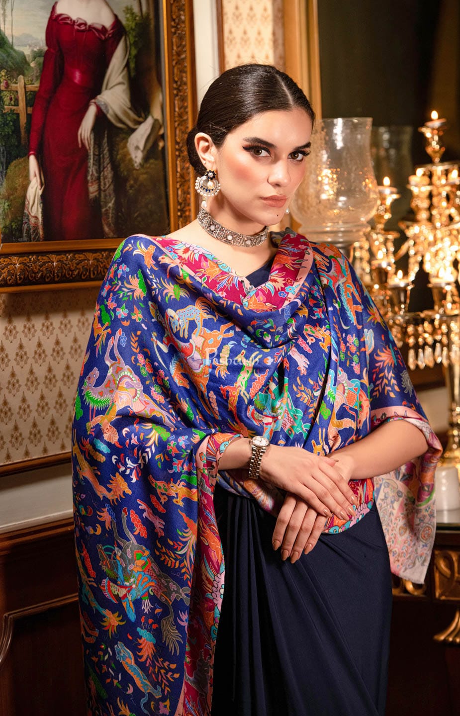 Pashtush India Gift Pack Pashtush His And Her Set Of Mens Fine Wool Shawl and Womens Bamboo Stole, Premium Gift Box Packaging, Ivory and Blue