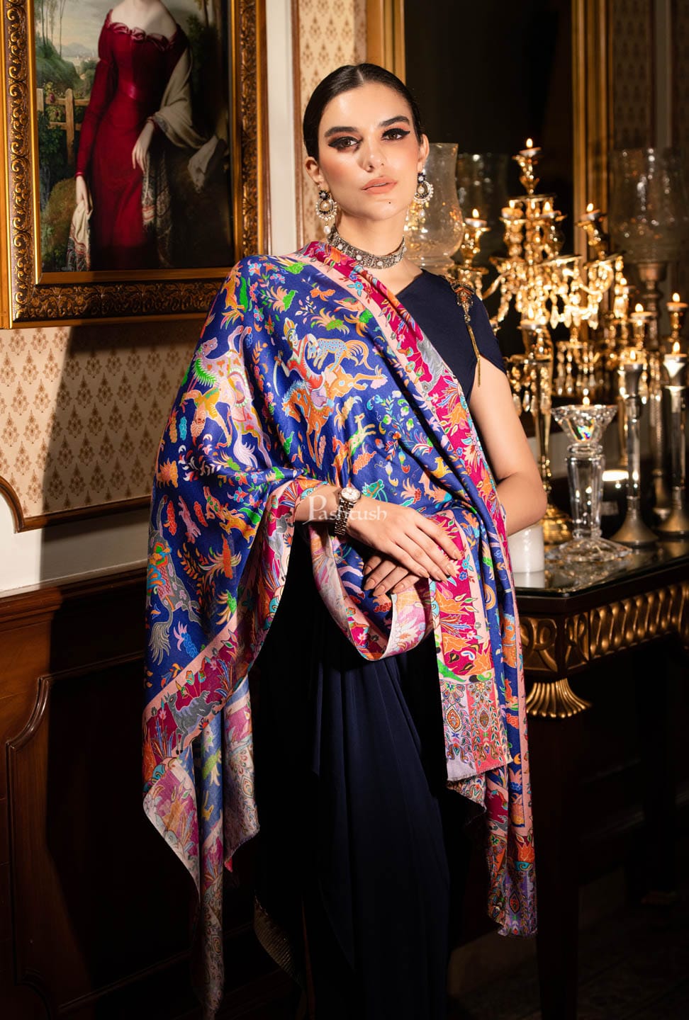 Pashtush India Gift Pack Pashtush His And Her Set Of Mens Fine Wool Shawl and Womens Bamboo Stole, Premium Gift Box Packaging, Ivory and Blue