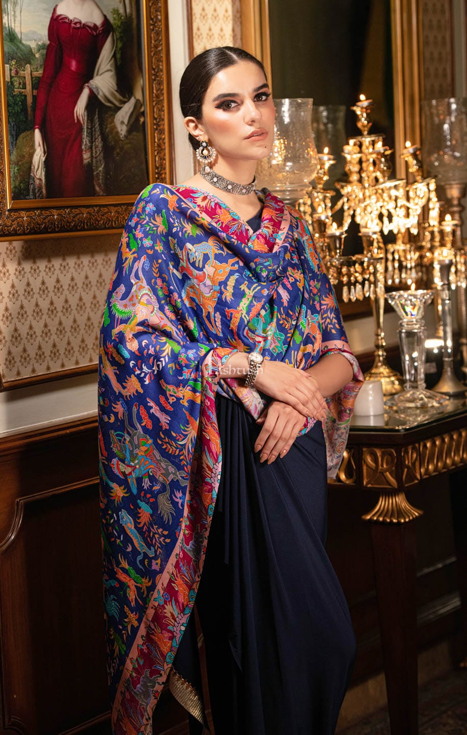 Pashtush India Gift Pack Pashtush His And Her Set Of Mens Fine Wool Shawl and Womens Bamboo Stole, Premium Gift Box Packaging, Ivory and Blue