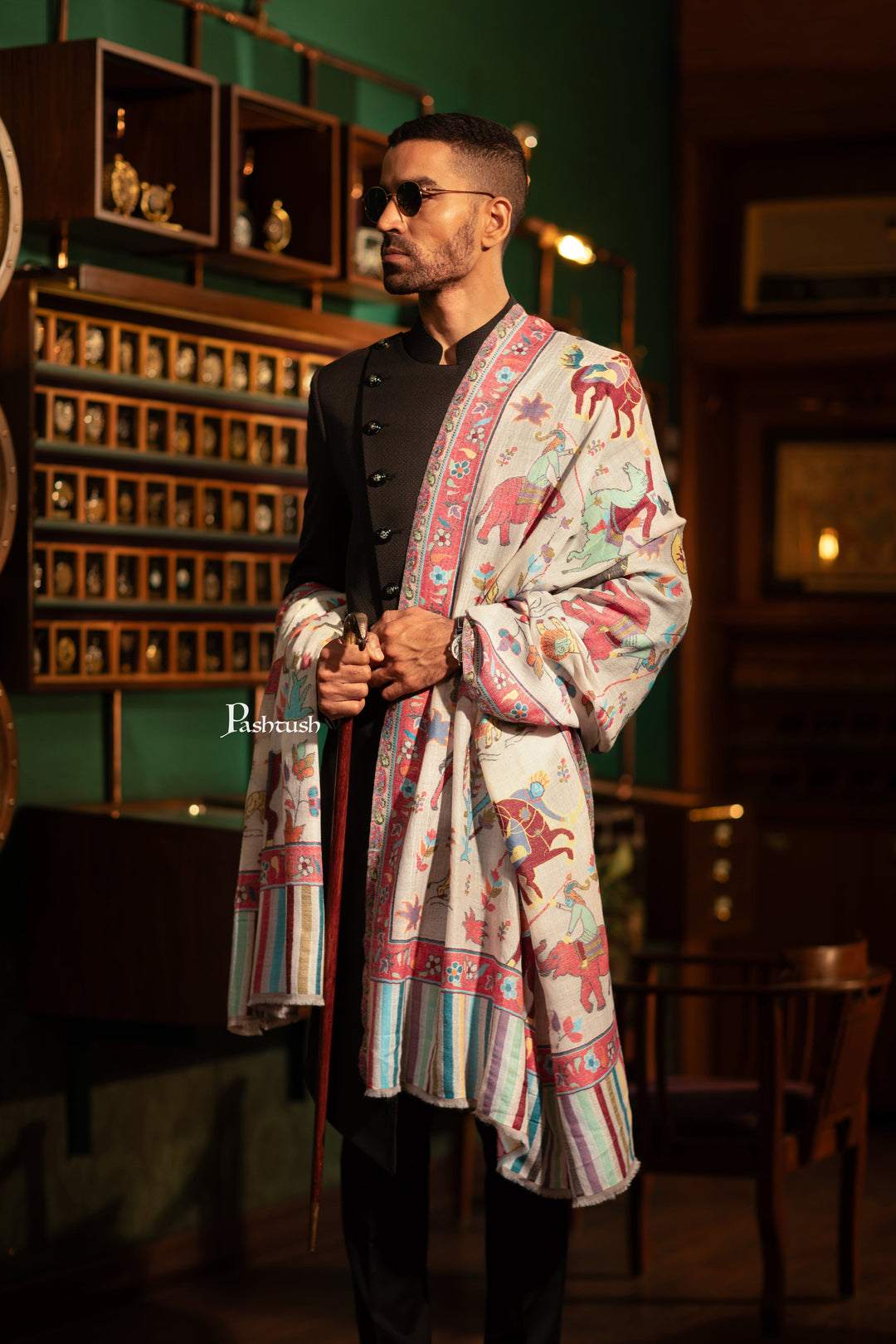 Pashtush India Gift Pack Pashtush His And Her Set Of Mens Fine Wool Shawl and Womens Bamboo Stole, Premium Gift Box Packaging, Ivory and Blue