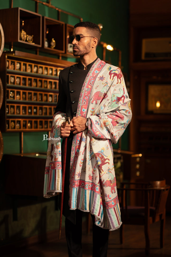 Pashtush India Gift Pack Pashtush His And Her Set Of Mens Fine Wool Shawl and Womens Bamboo Stole, Premium Gift Box Packaging, Ivory and Blue