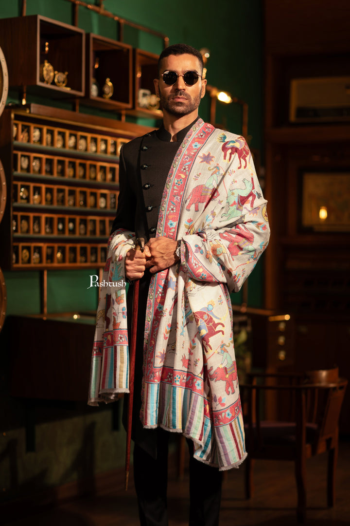 Pashtush India Gift Pack Pashtush His And Her Set Of Mens Fine Wool Shawl and Womens Bamboo Stole, Premium Gift Box Packaging, Ivory and Blue