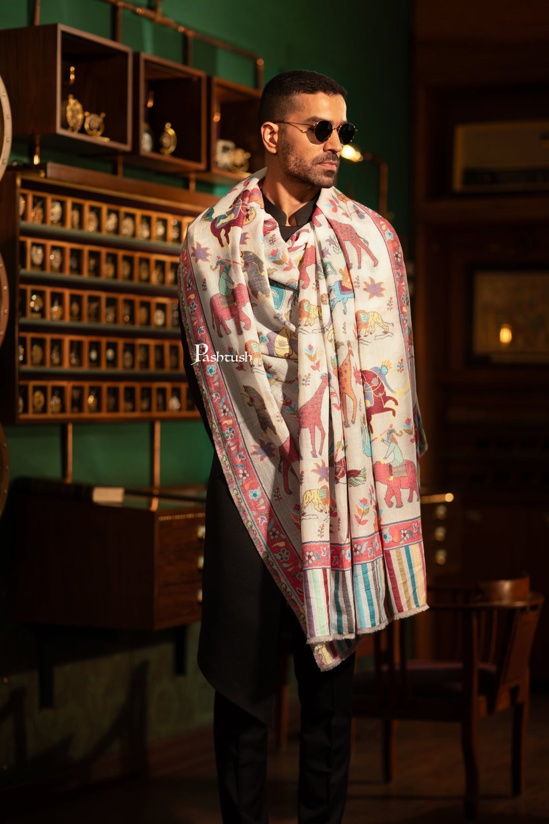 Pashtush India Gift Pack Pashtush His And Her Set Of Mens Fine Wool Shawl and Womens Bamboo Stole, Premium Gift Box Packaging, Ivory and Blue