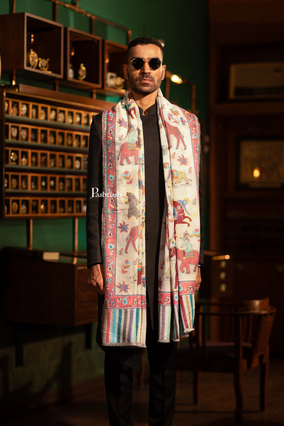 Pashtush India Gift Pack Pashtush His And Her Set Of Mens Fine Wool Shawl and Womens Bamboo Stole, Premium Gift Box Packaging, Ivory and Blue