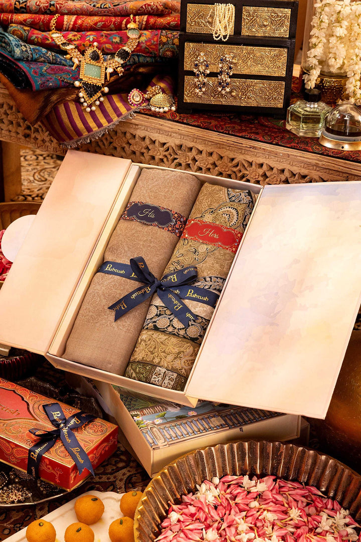 Pashtush India Gift Pack Pashtush His And Her Set Of Mens Fine Wool Shawl and Womens Fine Wool Shawl, Premium Gift Box Packaging, Taupe and Multicolour