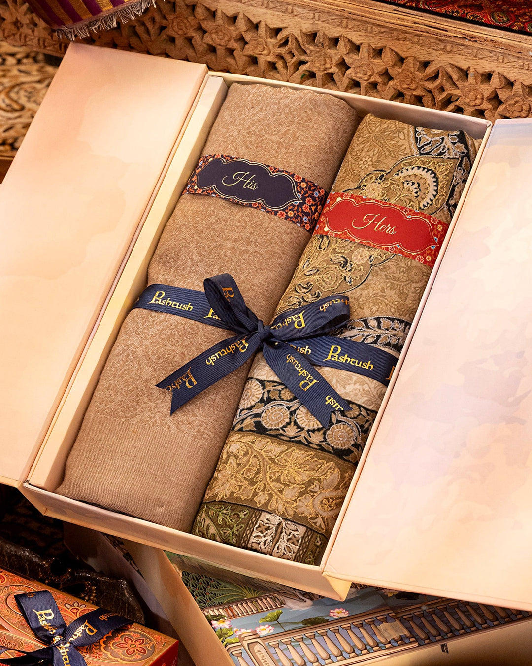 Pashtush India Gift Pack Pashtush His And Her Set Of Mens Fine Wool Shawl and Womens Fine Wool Shawl, Premium Gift Box Packaging, Taupe and Multicolour