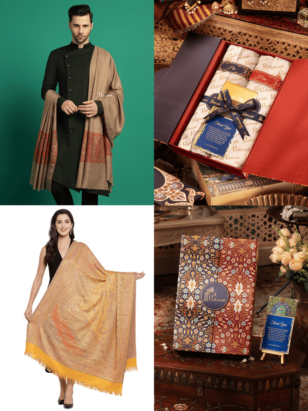 Pashtush India Gift Pack Pashtush His And Her Set Of Mens Fine Wool Shawl and Womens Jamawar Shawl, Premium Gift Box Packaging, Taupe and Mustard