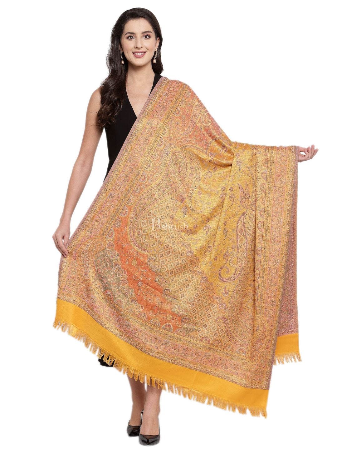 Pashtush India Gift Pack Pashtush His And Her Set Of Mens Fine Wool Shawl and Womens Jamawar Shawl, Premium Gift Box Packaging, Taupe and Mustard