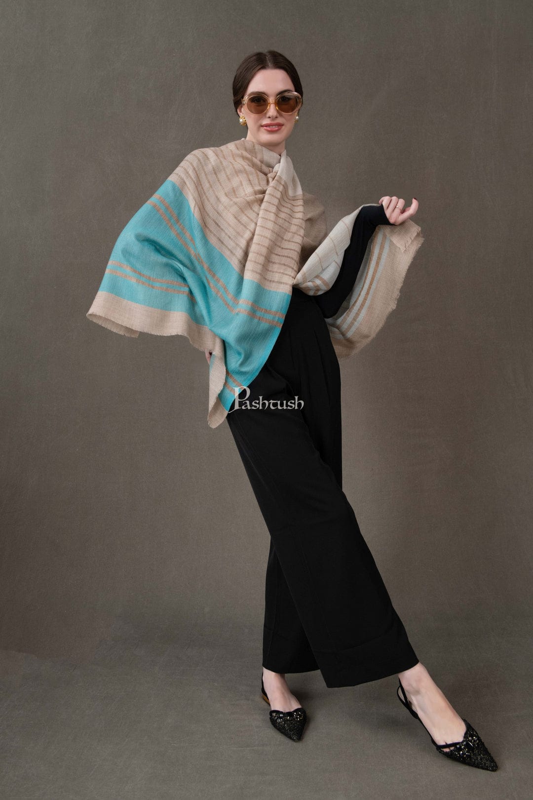 Pashtush India Gift Pack Pashtush His And Her Set Of Mens Fine Wool Shawl and Womens Stole, Premium Gift Box Packaging, Beige and Aqua Blue