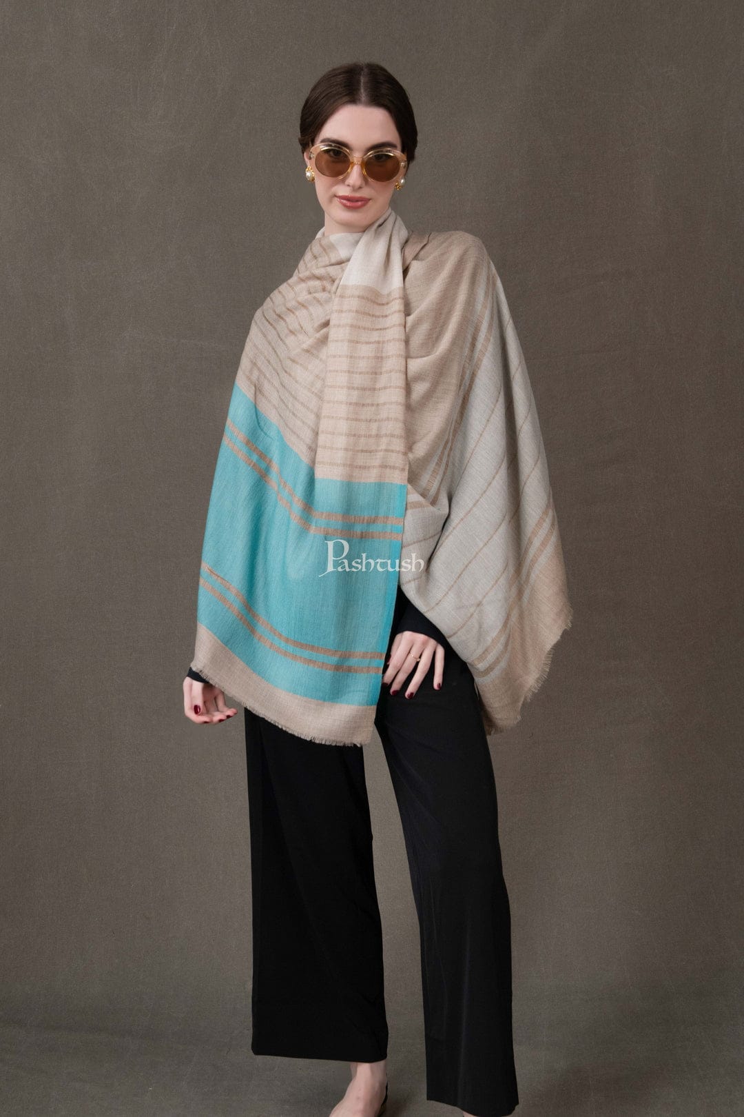 Pashtush India Gift Pack Pashtush His And Her Set Of Mens Fine Wool Shawl and Womens Stole, Premium Gift Box Packaging, Beige and Aqua Blue
