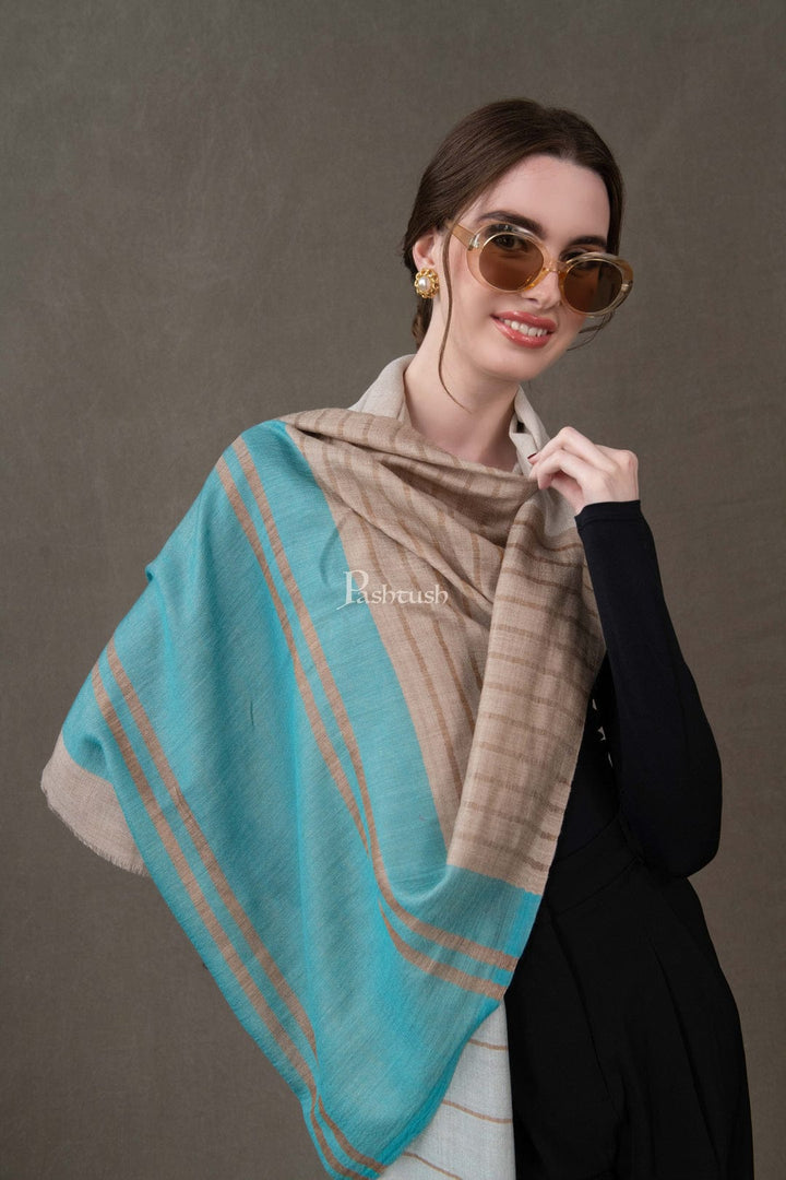 Pashtush India Gift Pack Pashtush His And Her Set Of Mens Fine Wool Shawl and Womens Stole, Premium Gift Box Packaging, Beige and Aqua Blue