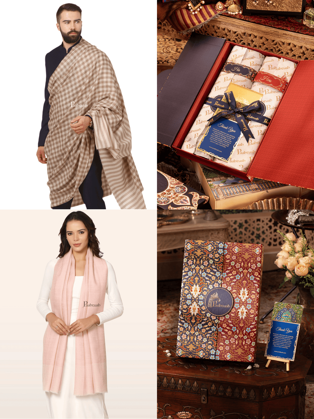 Pashtush India Gift Pack Pashtush His And Her Set Of Mens Fine Wool Shawl and Womens Stole , Premium Gift Box Packaging, Beige and Pink
