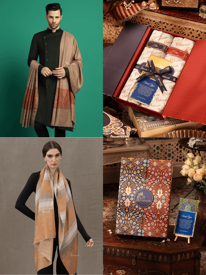 Pashtush India Gift Pack Pashtush His And Her Set Of Mens Fine Wool Shawl and Womens Stole, Premium Gift Box Packaging, Taupe and Marigold