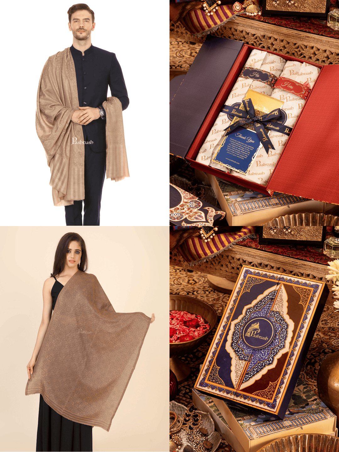 Pashtush India Gift Pack Pashtush His And Her Set Of Mens Fine Wool Shawl and Womens Twilight Shawl, Premium Gift Box Packaging, Beige
