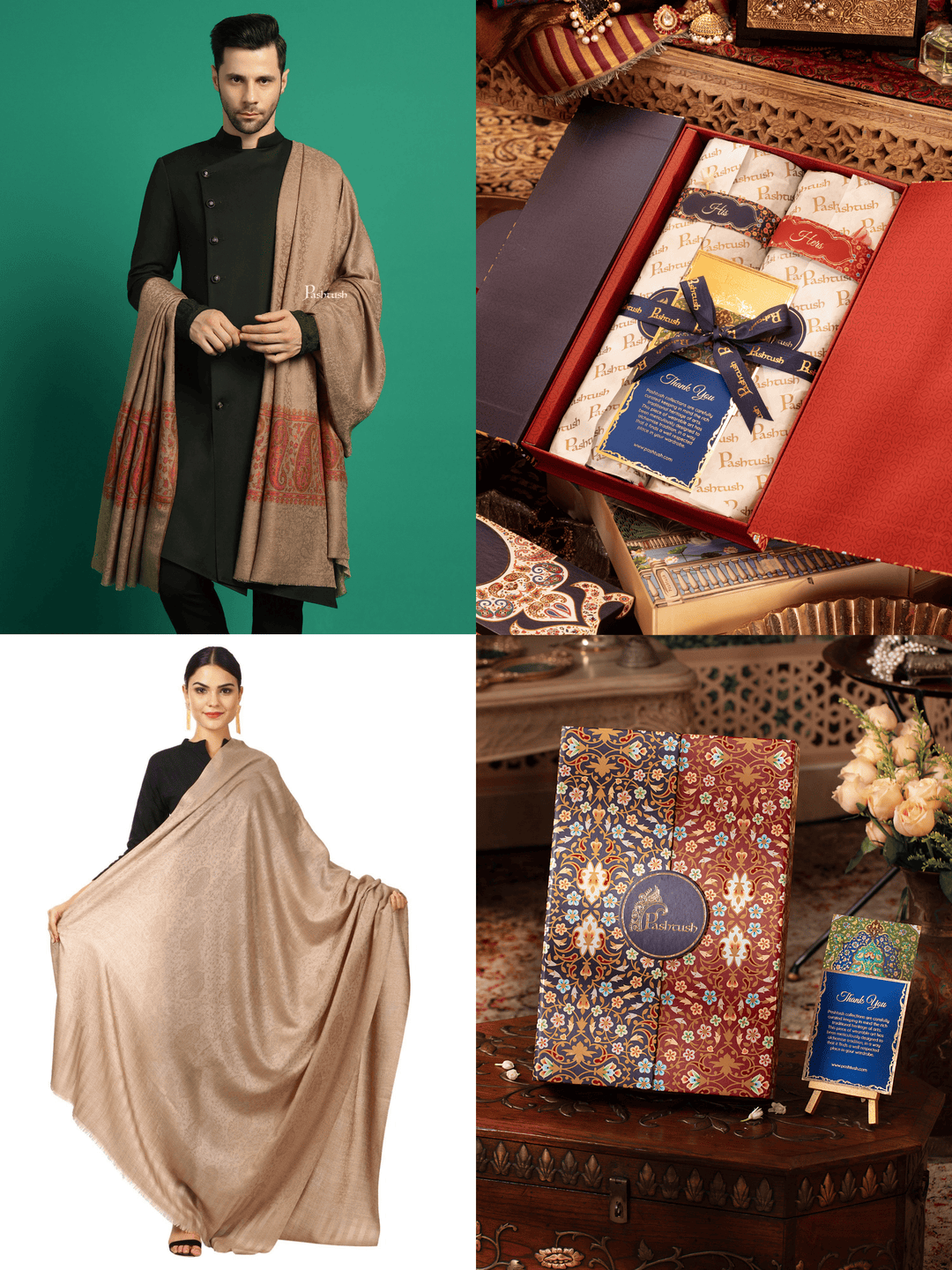 Pashtush India Gift Pack Pashtush His And Her Set Of Mens Fine Wool Shawls, Premium Gift Box Packaging, Taupe