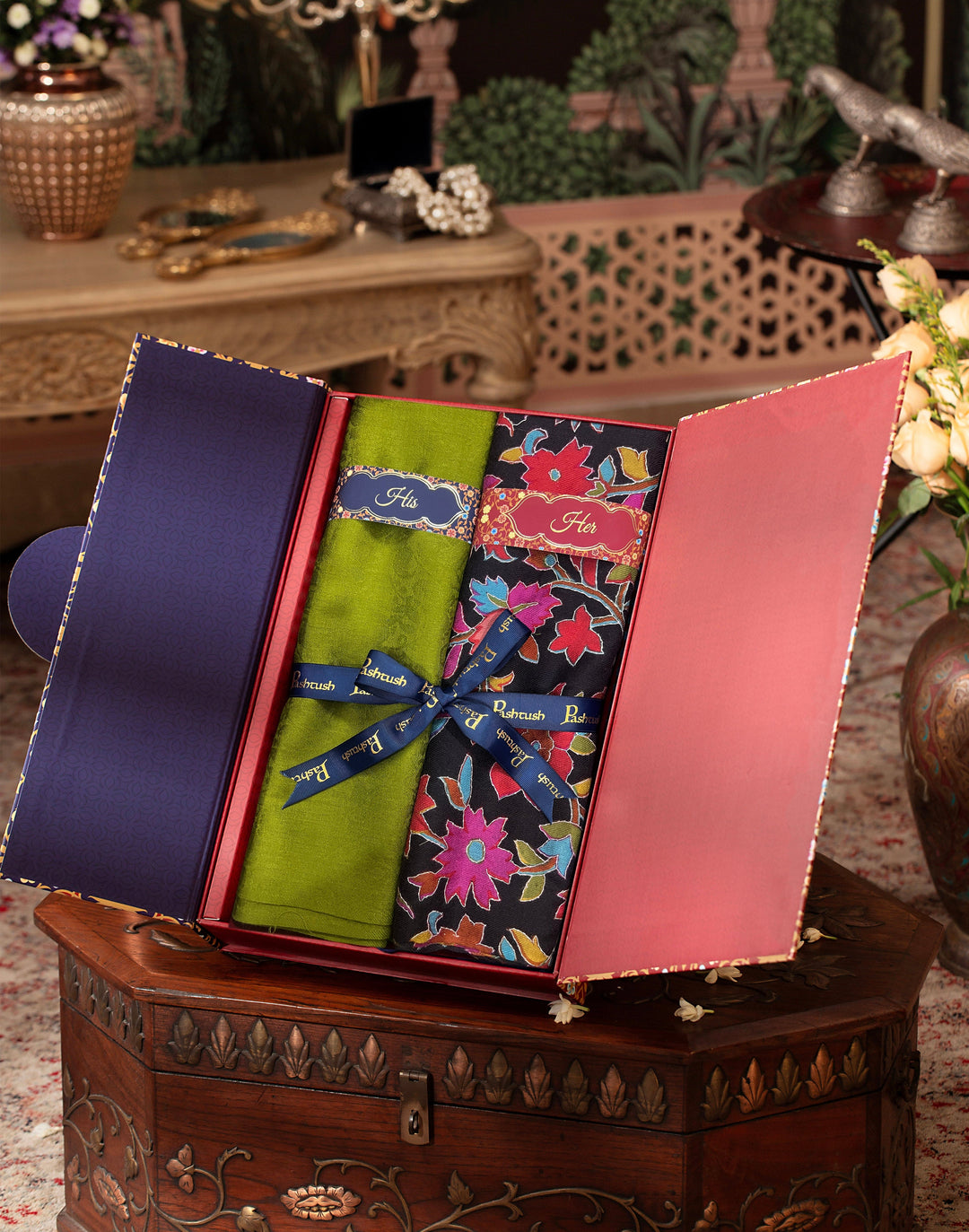 Pashtush India Gift Pack Pashtush His And Her Set Of Mens Fine Wool Stole and Womens 100% Hand Embroidered Kalamkari Stole, Premium Gift Box Packaging, Green and Black