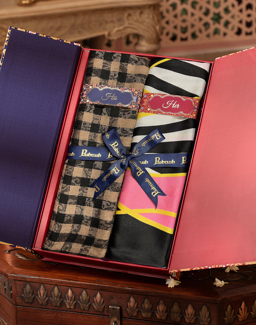 Pashtush India Gift Pack Pashtush His And Her Set Of Mens Fine Wool Stole and Womens Bamboo Stole, Premium Gift Box Packaging, Black and Multicolour