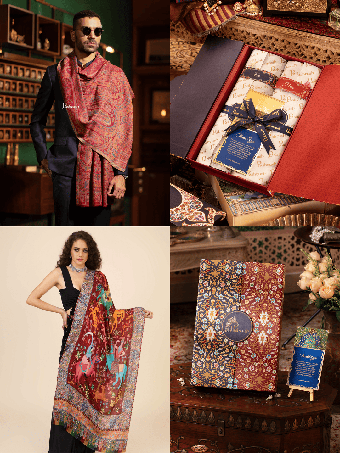 Pashtush India Gift Pack Pashtush His And Her Set Of Mens Fine Wool Stole and Womens Bamboo Stole, Premium Gift Box Packaging, Maroon and Multicolour