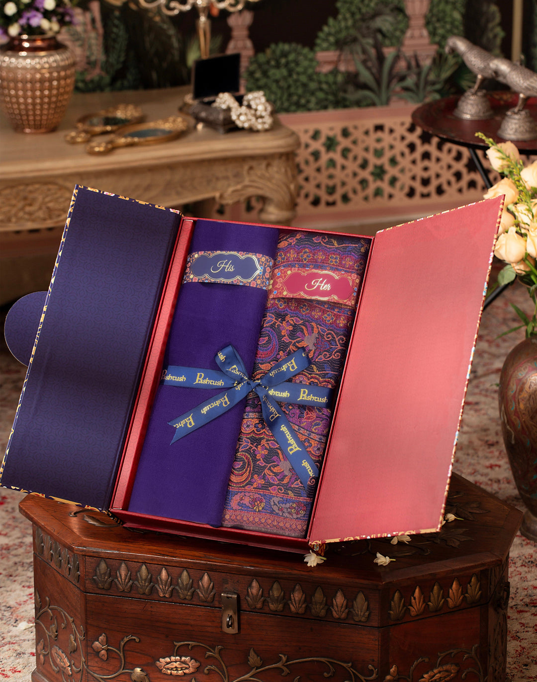 Pashtush India Gift Pack Pashtush His And Her Set Of Mens Fine Wool Stole and Womens Bamboo Stole, Premium Gift Box Packaging, Purple and Taupe