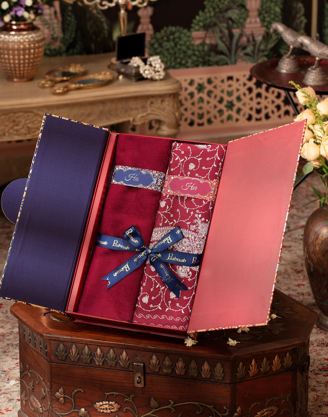 Pashtush India Gift Pack Pashtush His And Her Set Of Mens Fine Wool Stole and Womens Embroidery Shawl, Premium Gift Box Packaging, Maroon