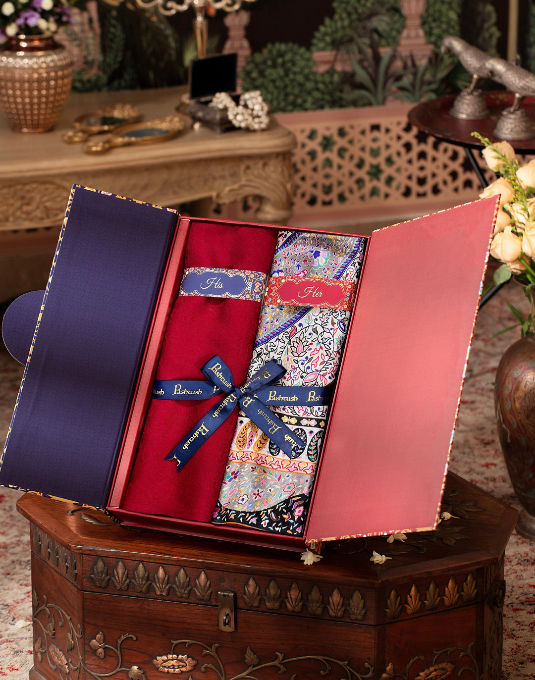Pashtush India Gift Pack Pashtush His And Her Set Of Mens Fine Wool Stole and Womens Extra Soft Bamboo Stole, Premium Gift Box Packaging, Maroon and Multicolour