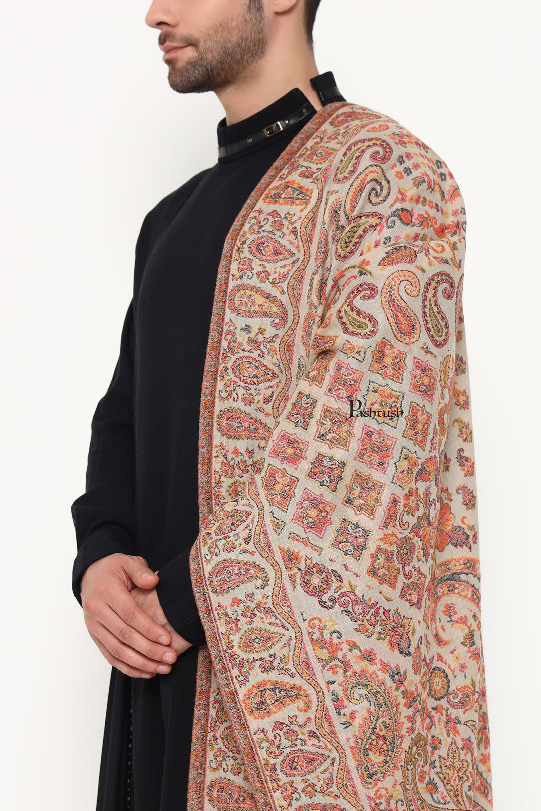 Pashtush India Gift Pack Pashtush His And Her Set Of Mens Fine Wool Stole and Womens Faux Pashmina Stole, Premium Gift Box Packaging, Beige and Maroon