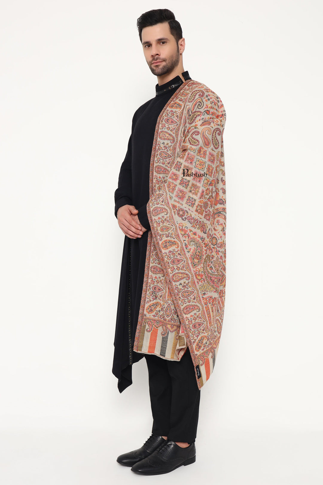 Pashtush India Gift Pack Pashtush His And Her Set Of Mens Fine Wool Stole and Womens Faux Pashmina Stole, Premium Gift Box Packaging, Beige and Maroon