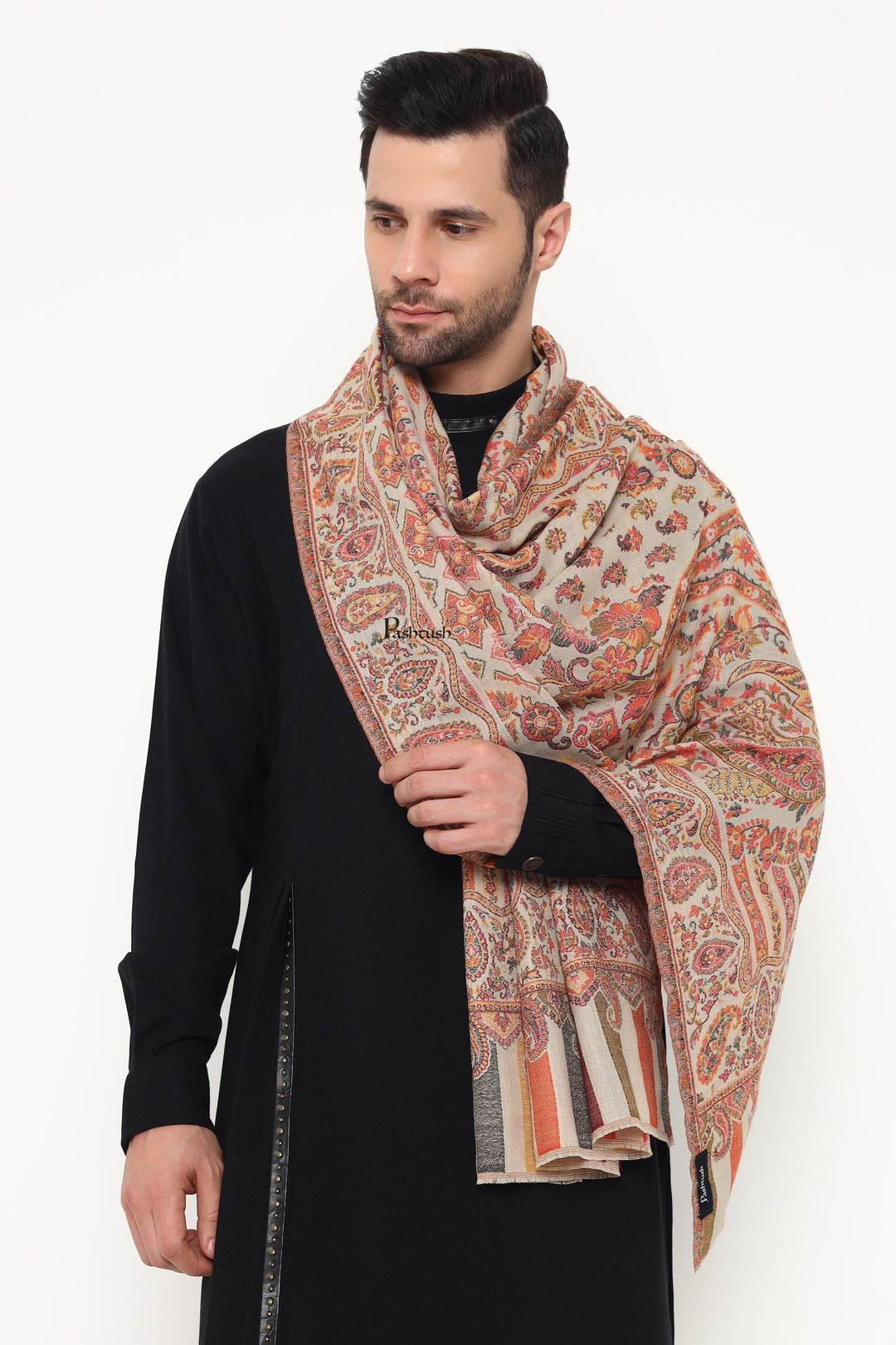 Pashtush India Gift Pack Pashtush His And Her Set Of Mens Fine Wool Stole and Womens Faux Pashmina Stole, Premium Gift Box Packaging, Beige and Maroon