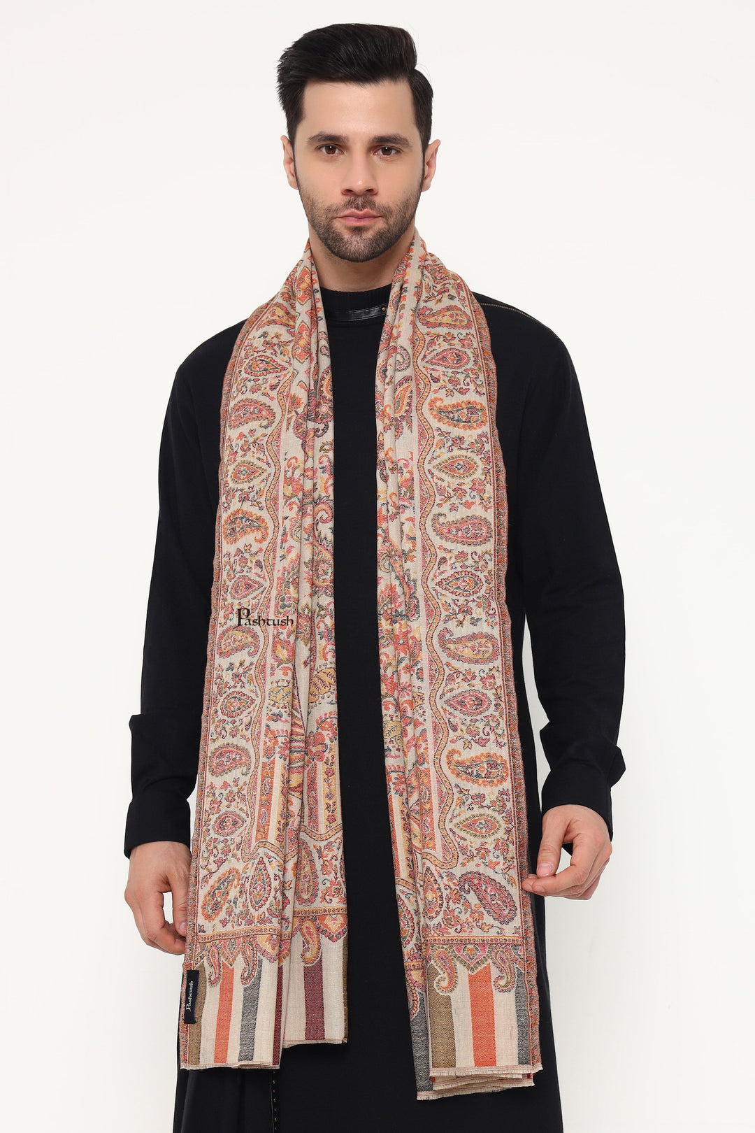 Pashtush India Gift Pack Pashtush His And Her Set Of Mens Fine Wool Stole and Womens Faux Pashmina Stole, Premium Gift Box Packaging, Beige and Maroon