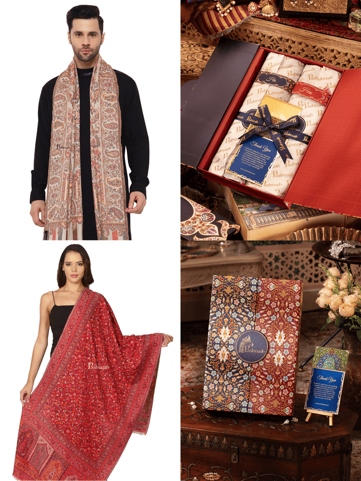 Pashtush India Gift Pack Pashtush His And Her Set Of Mens Fine Wool Stole and Womens Faux Pashmina Stole, Premium Gift Box Packaging, Beige and Maroon