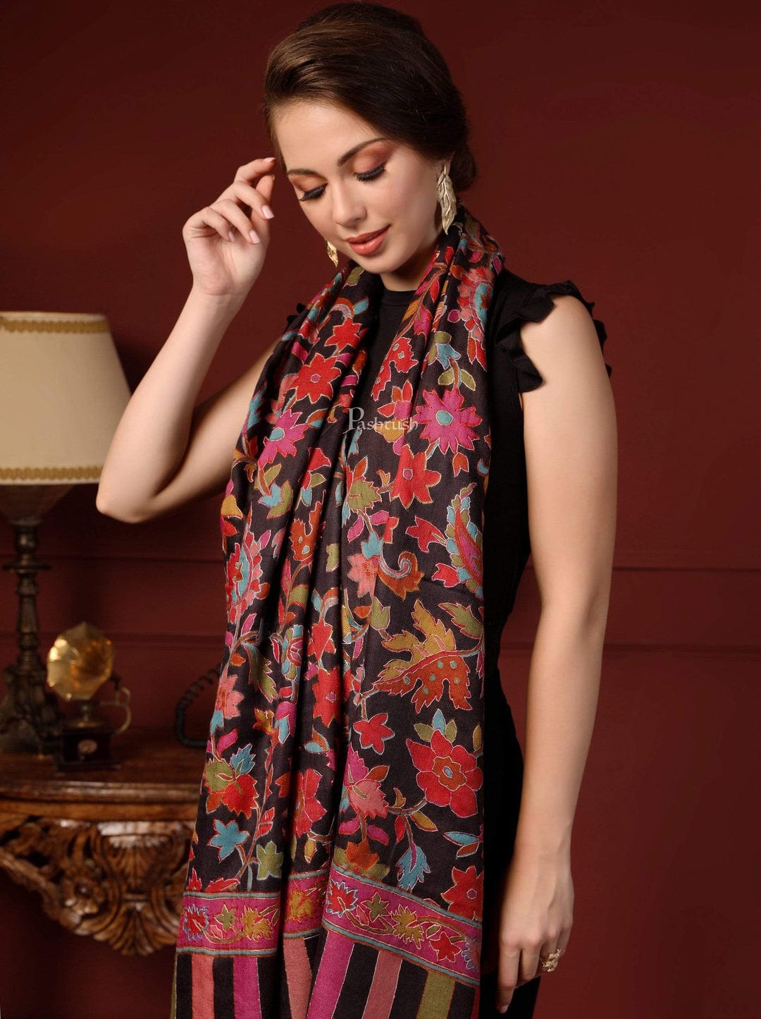 Pashtush India Gift Pack Pashtush His And Her Set Of Mens Fine Wool Stole and Womens Hand Embroided Kalamkari Stole, Premium Gift Box Packaging, Black