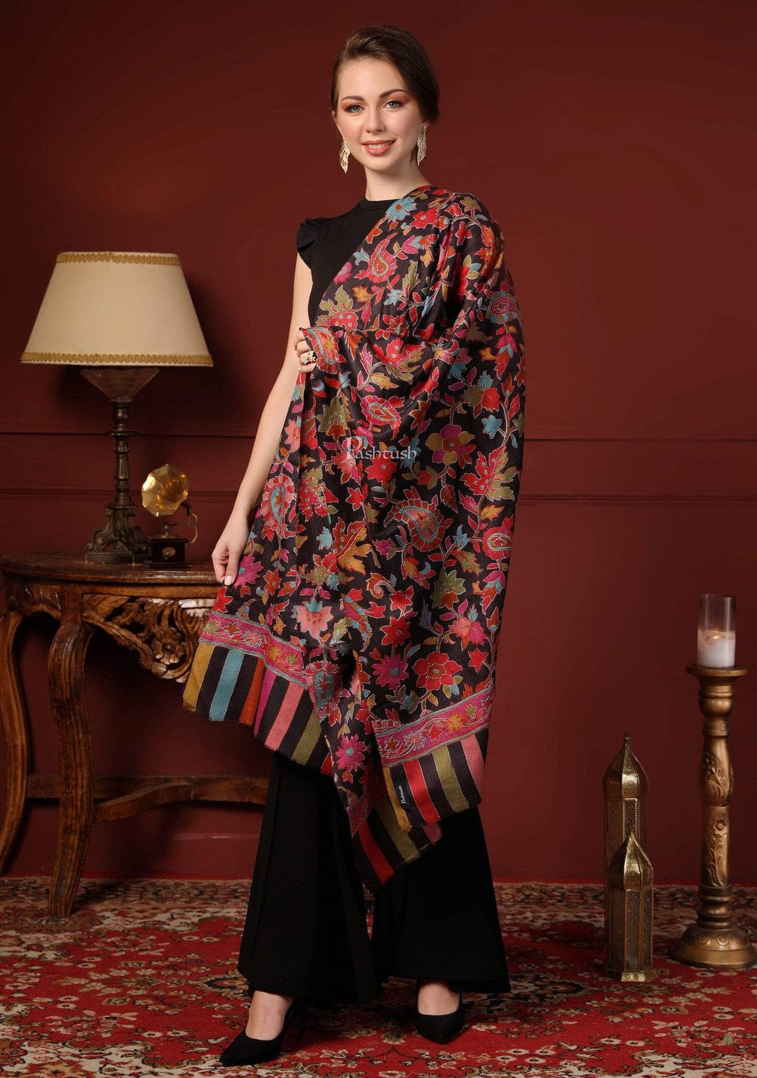 Pashtush India Gift Pack Pashtush His And Her Set Of Mens Fine Wool Stole and Womens Hand Embroided Kalamkari Stole, Premium Gift Box Packaging, Black