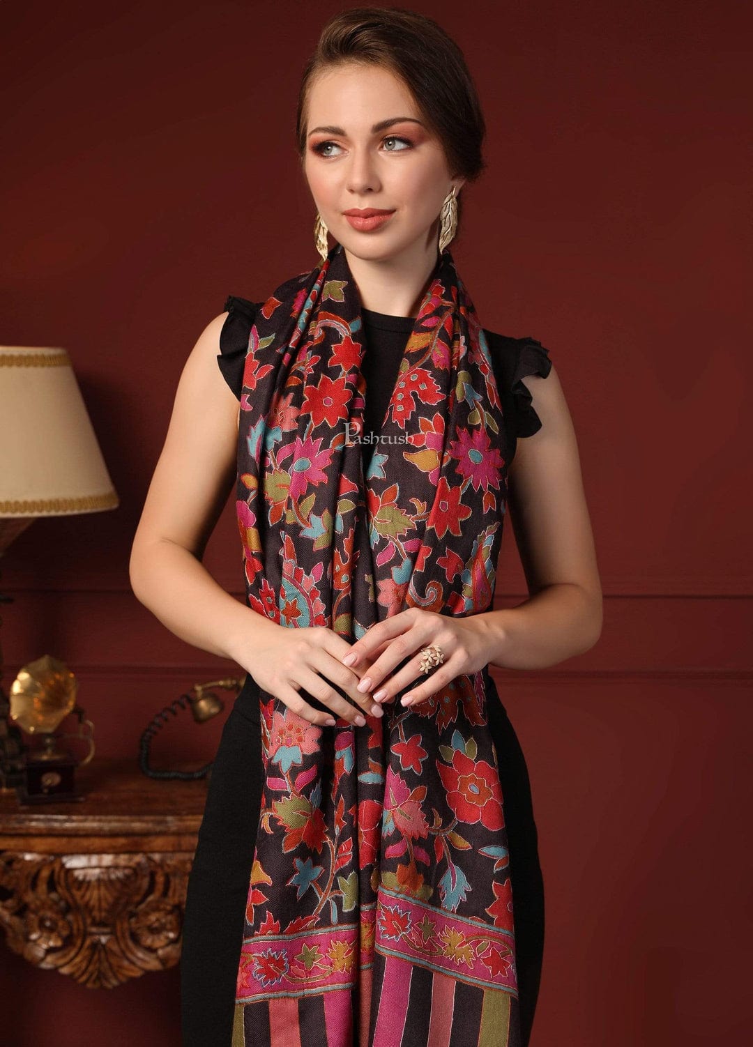 Pashtush India Gift Pack Pashtush His And Her Set Of Mens Fine Wool Stole and Womens Hand Embroided Kalamkari Stole, Premium Gift Box Packaging, Black