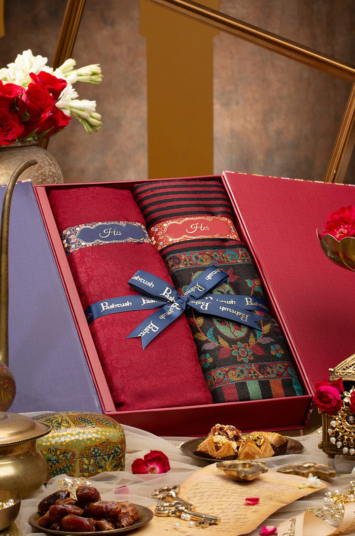 Pashtush India Gift Pack Pashtush His and Her Set of Mens Fine Wool Stole and Womens Paiseley Shawl with Gift Box Packaging, Red and Multicolour