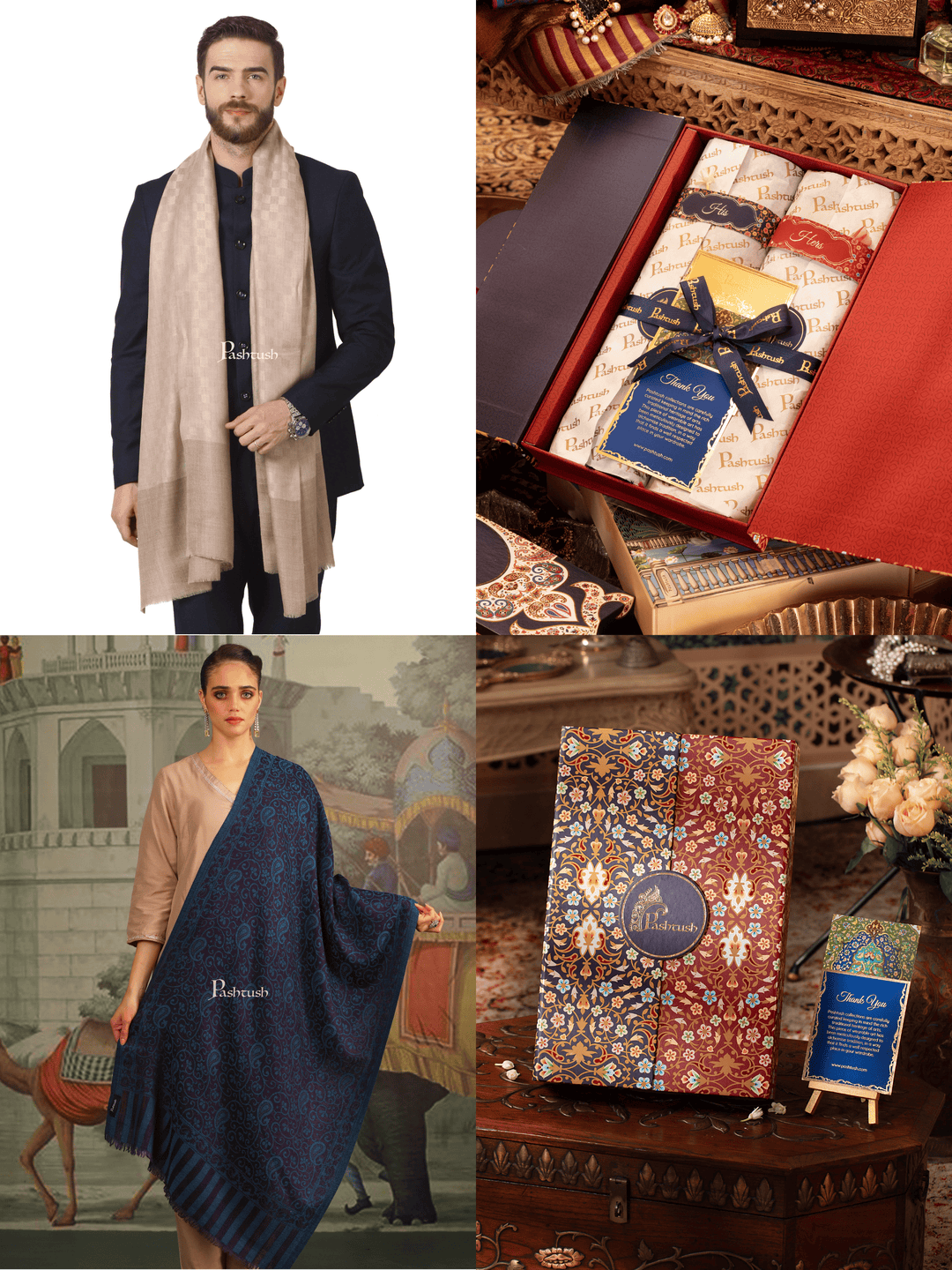 Pashtush India Gift Pack Pashtush His And Her Set Of Mens Fine Wool Stole and Womens Pure Wool Stole, Premium Gift Box Packaging, Beige and Blue