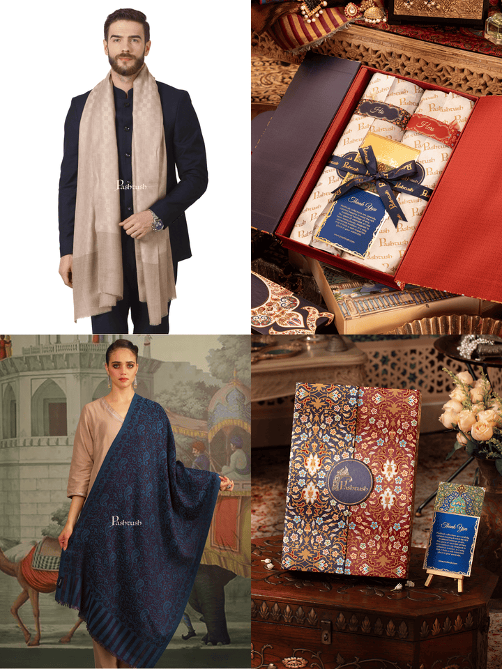 Pashtush India Gift Pack Pashtush His And Her Set Of Mens Fine Wool Stole and Womens Pure Wool Stole, Premium Gift Box Packaging, Beige and Blue
