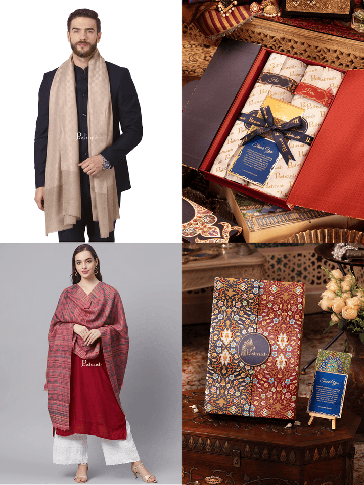Pashtush India Gift Pack Pashtush His And Her Set Of Mens Fine Wool Stole and Womens Pure Wool Stole, Premium Gift Box Packaging, Beige and Multicoloured