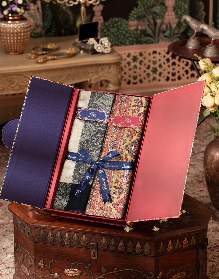 Pashtush India Gift Pack Pashtush His And Her Set Of Mens Fine Wool Stole and Womens Reversible Stole, Premium Gift Box Packaging, Beige