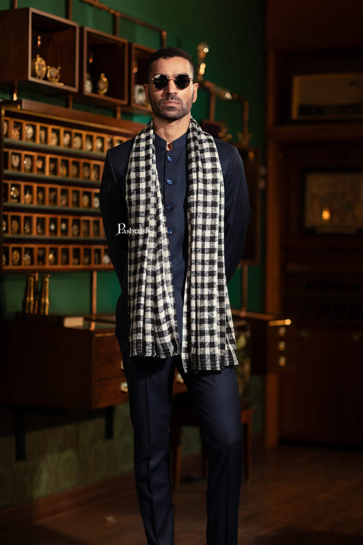 Pashtush India Gift Pack Pashtush His And Her Set Of Mens Fine Wool Stole and Womens Twilight Shawl, Premium Gift Box Packaging, Black and Ivory