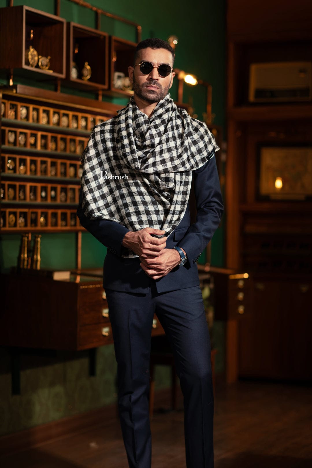 Pashtush India Gift Pack Pashtush His And Her Set Of Mens Fine Wool Stole and Womens Twilight Shawl, Premium Gift Box Packaging, Black and Ivory