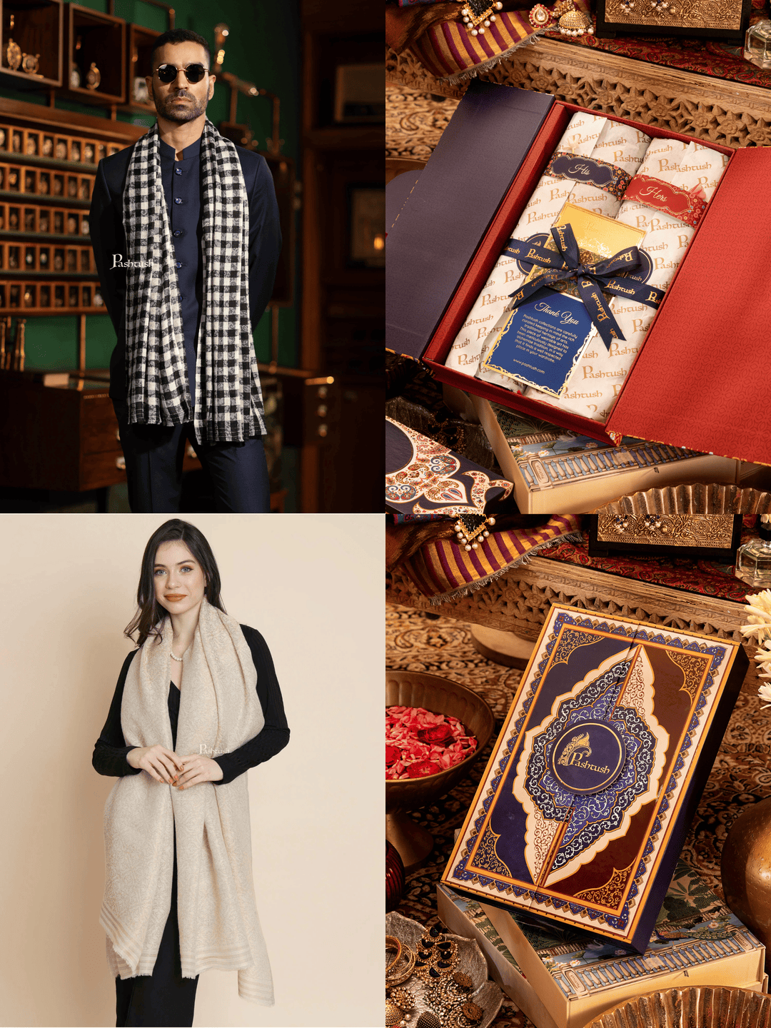 Pashtush India Gift Pack Pashtush His And Her Set Of Mens Fine Wool Stole and Womens Twilight Shawl, Premium Gift Box Packaging, Black and Ivory