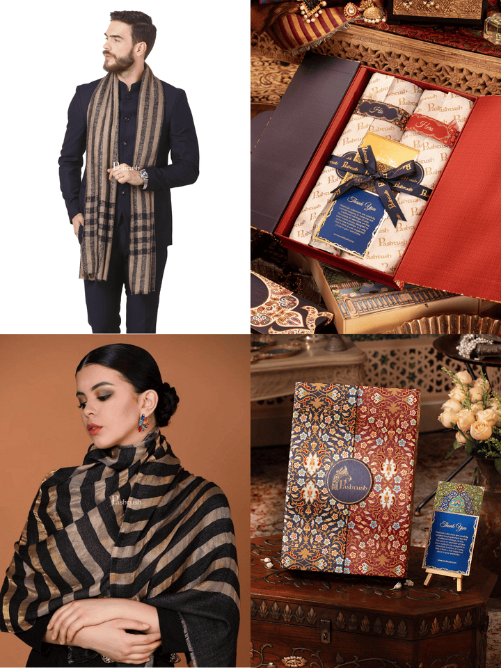 Pashtush India Gift Pack Pashtush His And Her Set Of Mens Fine Wool Stole and Womens Twilight Stole, Premium Gift Box Packaging, Black
