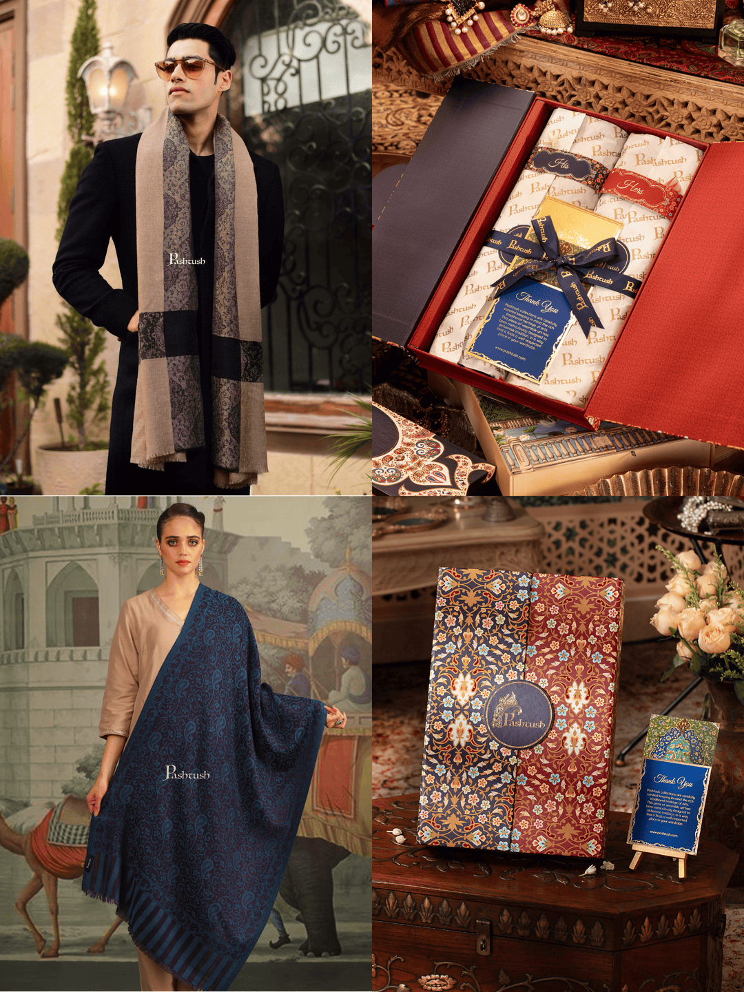 Pashtush India Gift Pack Pashtush His And Her Set Of Mens Fine Wool Stole and Womes Pure Wool Stole, Premium Gift Box Packaging, Beige and Blue