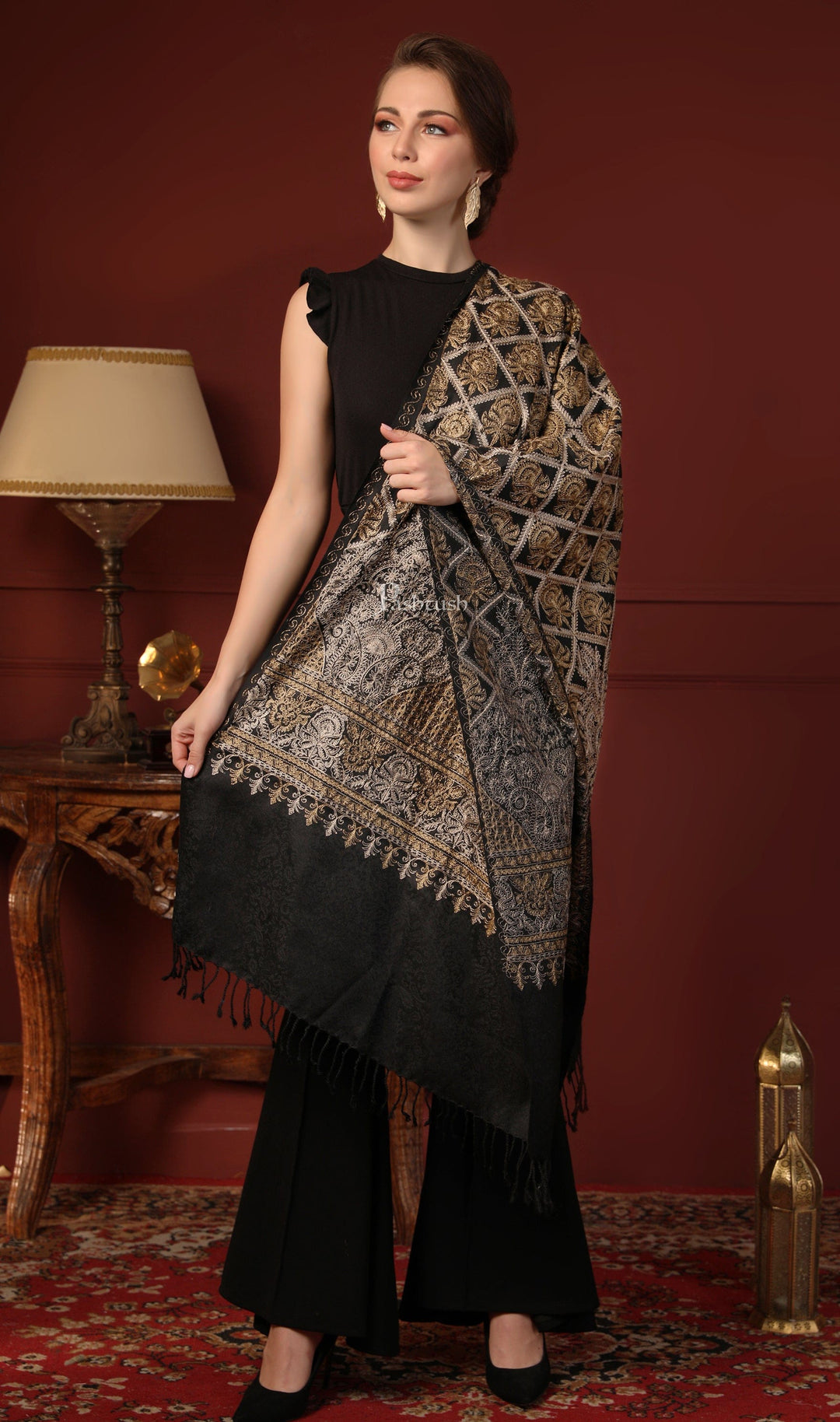 Pashtush India Gift Pack Pashtush His And Her Set Of Mens Fine Wool Stoles, Premium Gift Box Packaging, Beige and Black