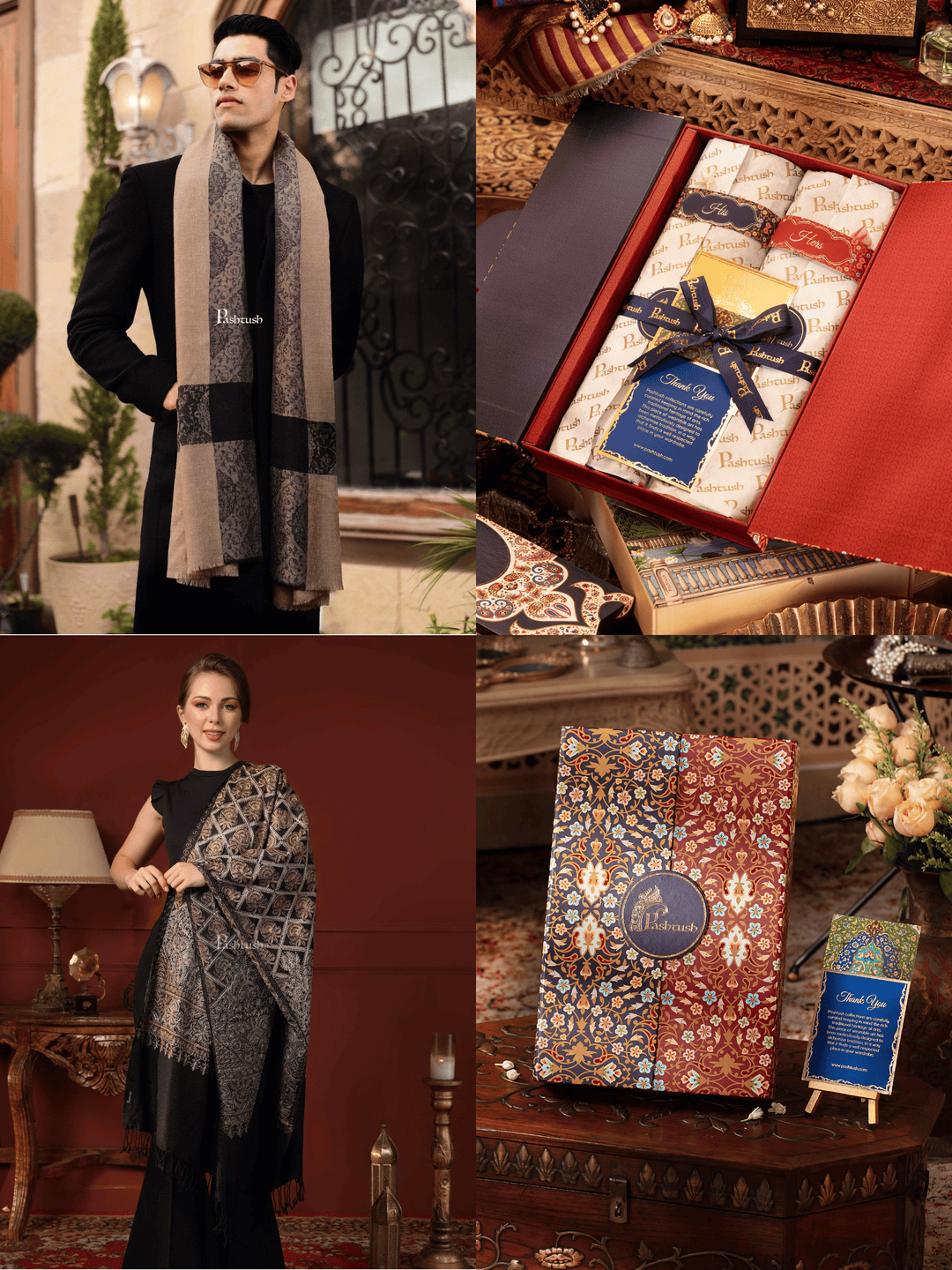 Pashtush India Gift Pack Pashtush His And Her Set Of Mens Fine Wool Stoles, Premium Gift Box Packaging, Beige and Black