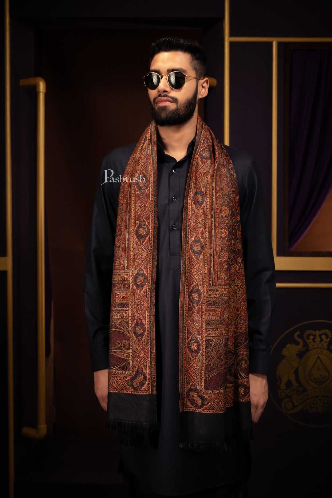 Pashtush India Gift Pack Pashtush His And Her Set Of Mens Jamawar Stole and Womens Bamboo Stole, Premium Gift Box Packaging, Black and Multicolour
