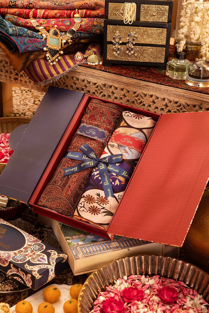 Pashtush India Gift Pack Pashtush His And Her Set Of Mens Jamawar Stole and Womens Bamboo Stole, Premium Gift Box Packaging, Black and Multicolour