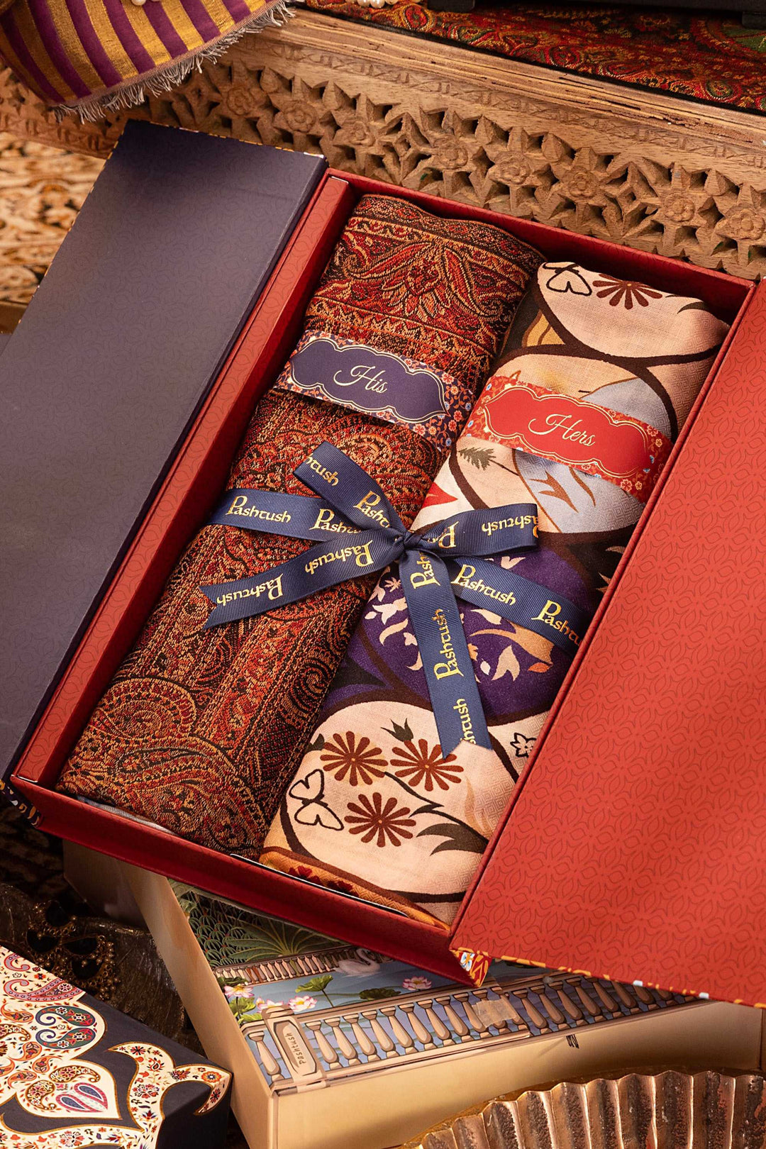 Pashtush India Gift Pack Pashtush His And Her Set Of Mens Jamawar Stole and Womens Bamboo Stole, Premium Gift Box Packaging, Black and Multicolour