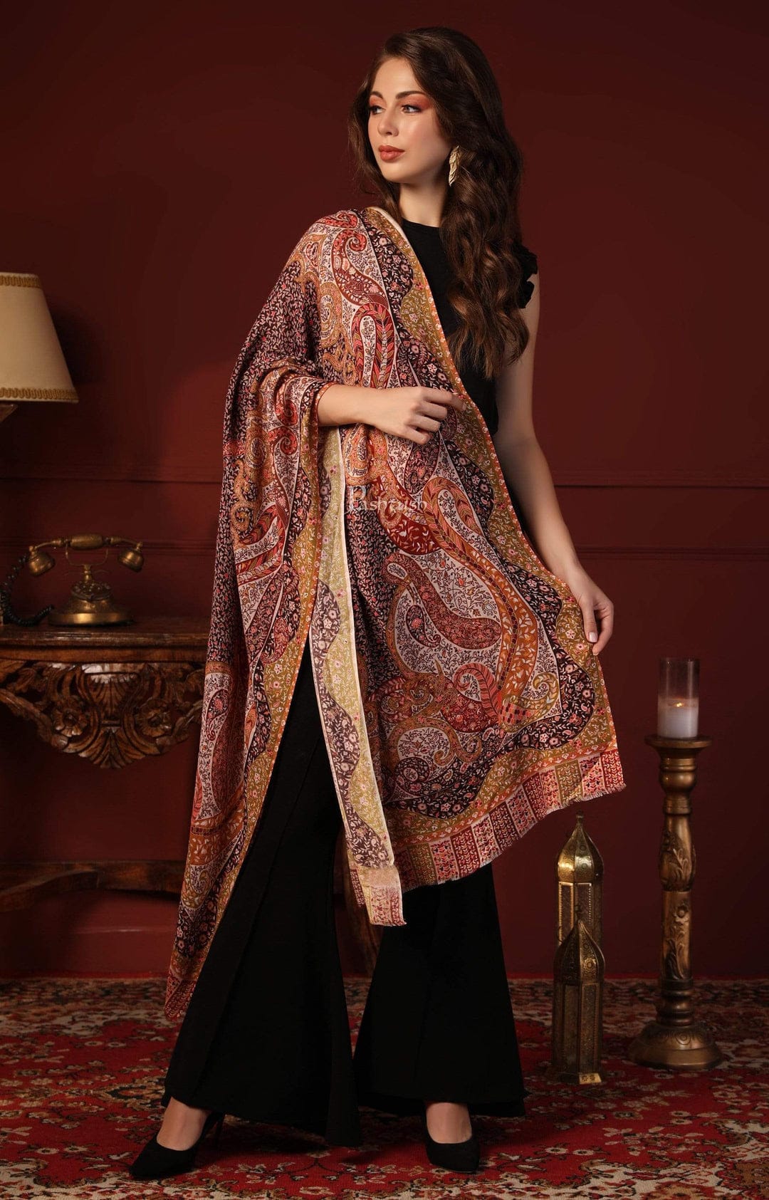 Pashtush India Gift Pack Pashtush His And Her Set Of Mens Jamawar Stole and Womens Bamboo Stole, Premium Gift Box Packaging, Black and Multicolour